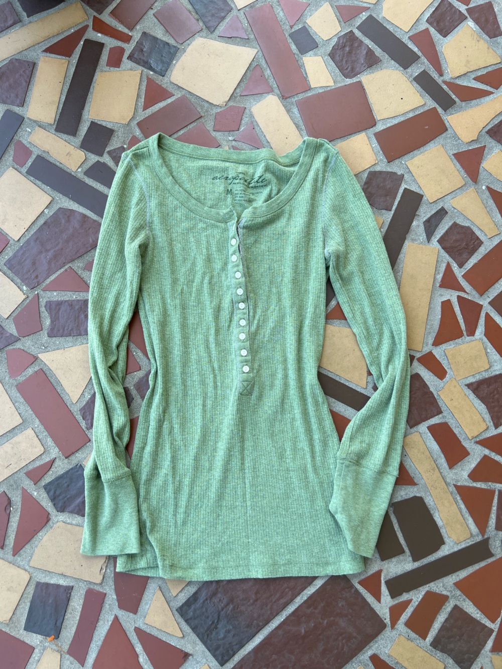 Aeropostale Sage Green Ribbed Henley Long Sleeve